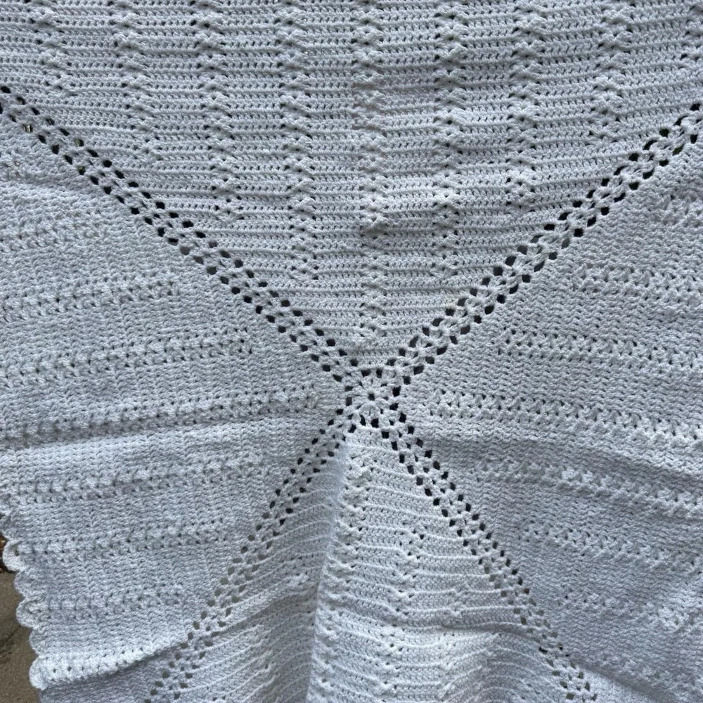 Handmade White Crochet Baby Blanket 36x37.5 Scalloped Sparkle Textured Afghan